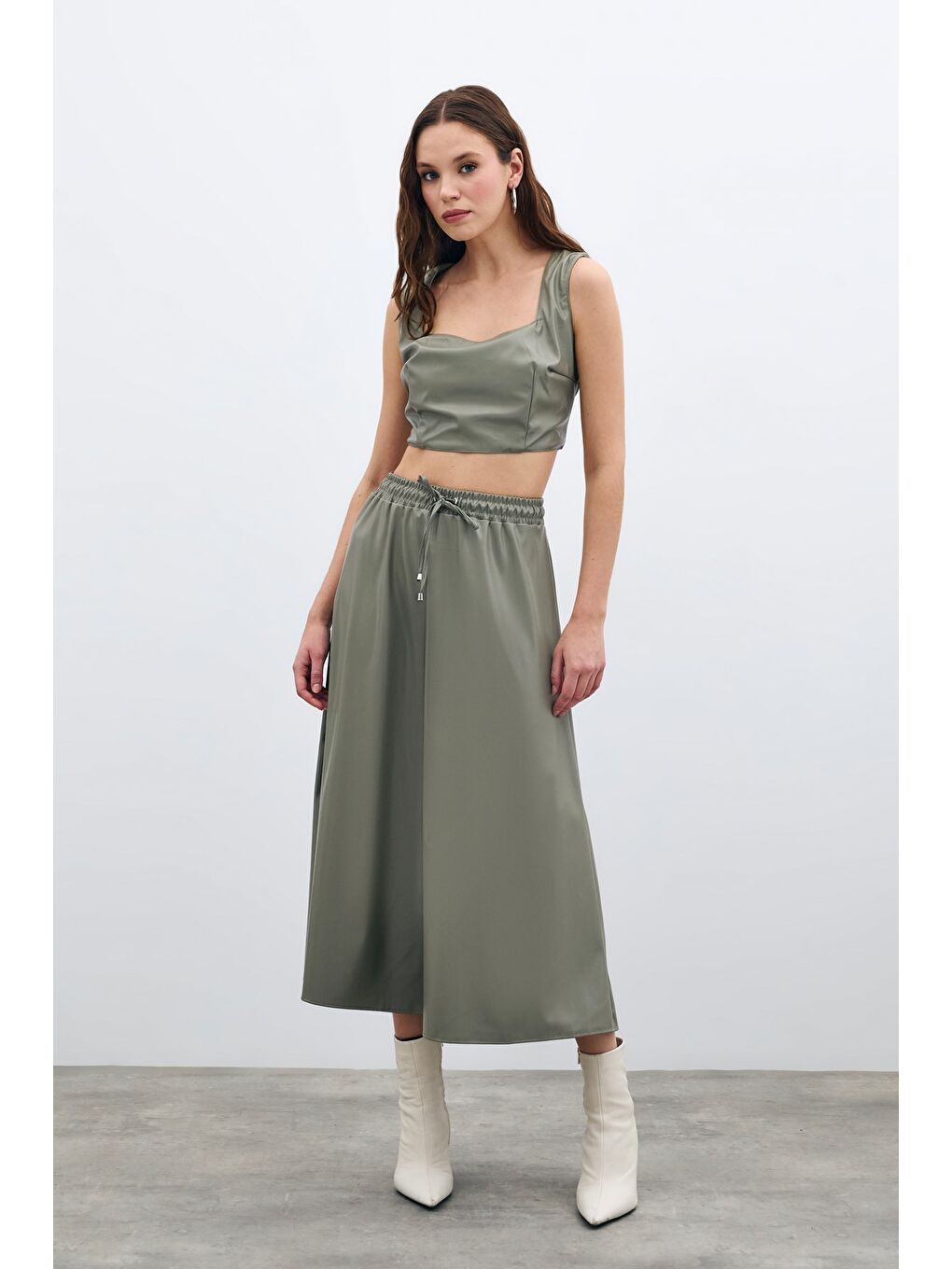 Bel Lastikli Deri Etek - Çağla Yeşili-2