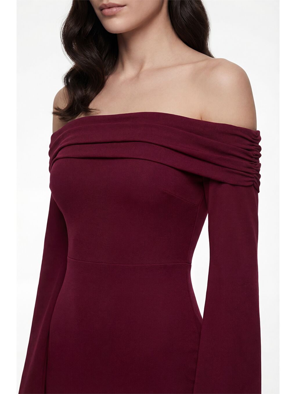 Kadın Bordo Carmen Yaka Gece Abiye Elbise-3