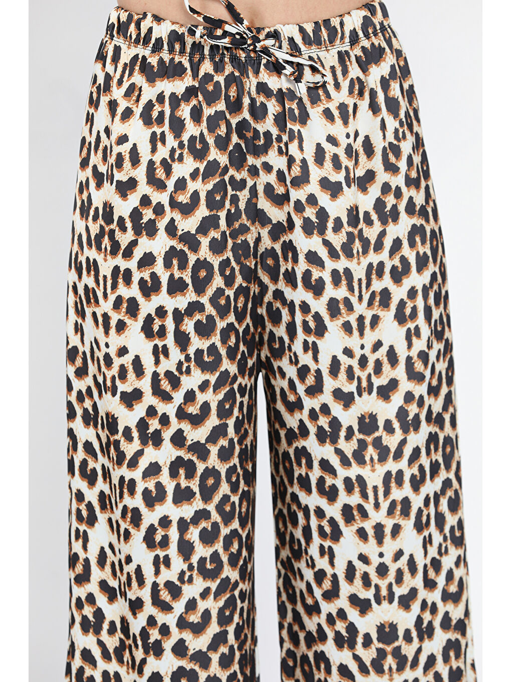 Ekru Kadın Bel Lastikli Yüksek Bel Leopar Desenli Bol Kesim Pantolon-4