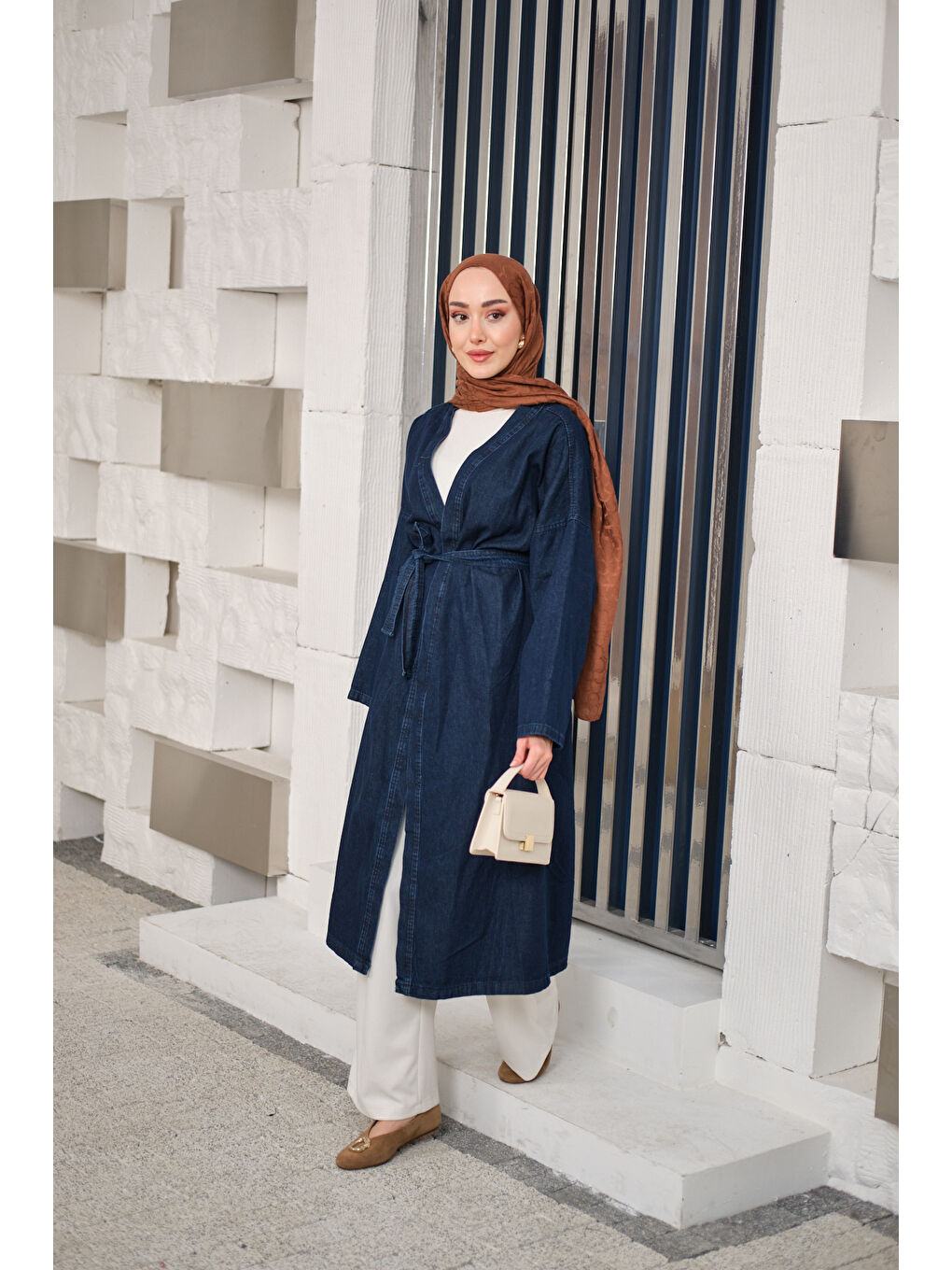 Kadın Bel Bağlamalı Midi Boy Jean Trenç Lacivert