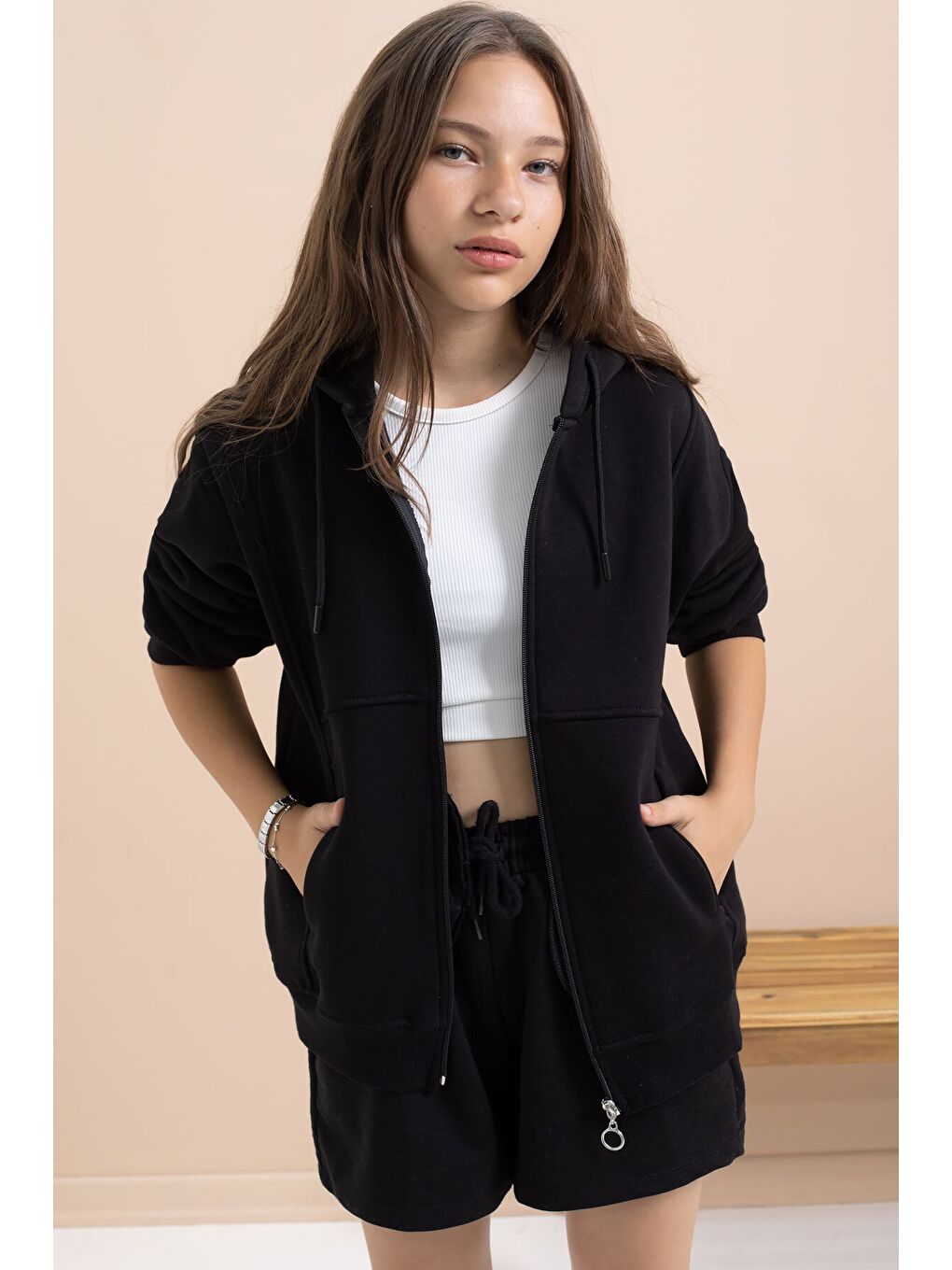 Siyah Kız Çocuk Şardonlu Kapüşonlu Hırka 21518-4