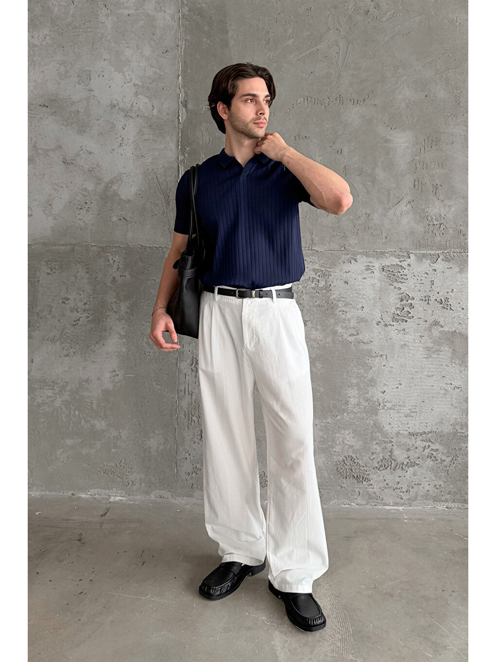 Lacivert Erkek Oversize Fitilli Polo Yaka İnce Triko Tişört-8