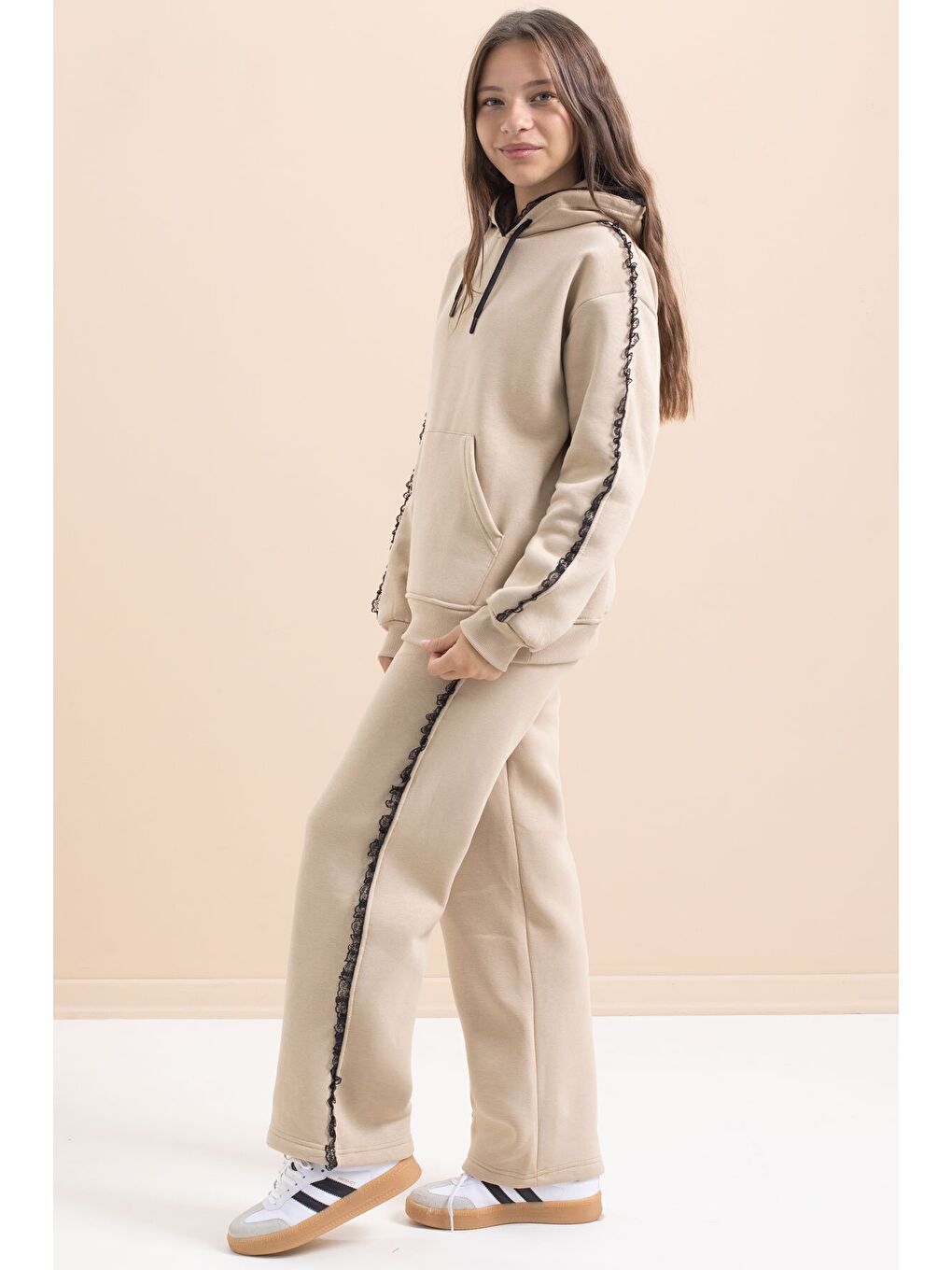 Bej Kız Çocuk Şardonlu Dantel Detaylı 3 İplik Takım 21506-1