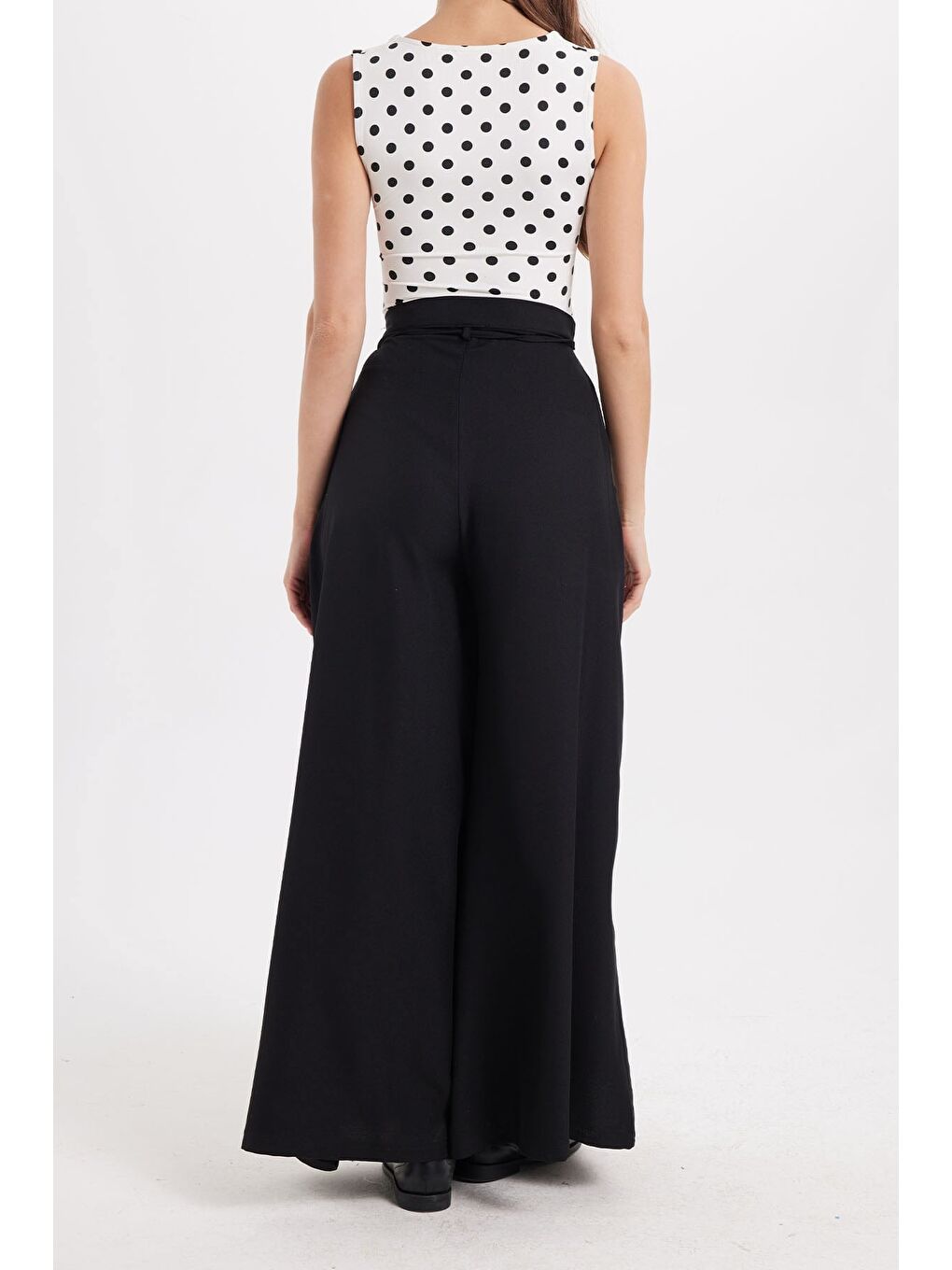 Kadın Relax Fit Rahat Kesim Pamuklu Beli Bağcıklı Siyah Palazzo Etek Pantolon-5