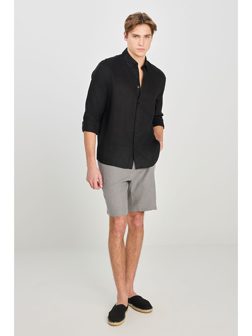 %100 Keten Regular Fit Normal Kesim Siyah Gömlek-2