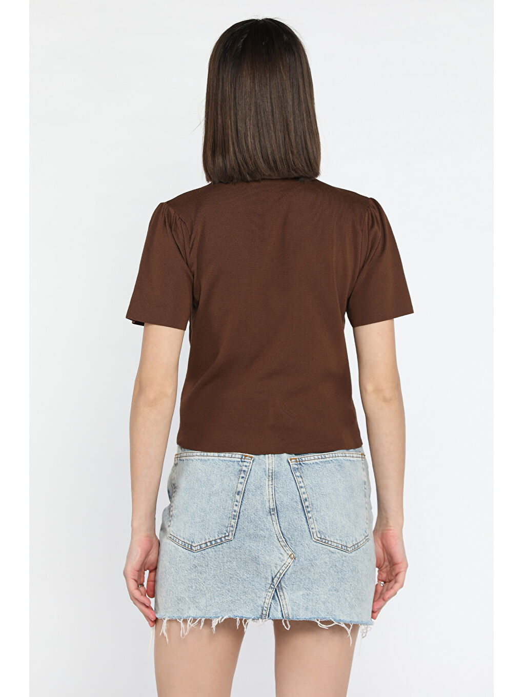 Kahverengi Omuz Pileli Taş Detaylı Kadın Triko Bluz-2