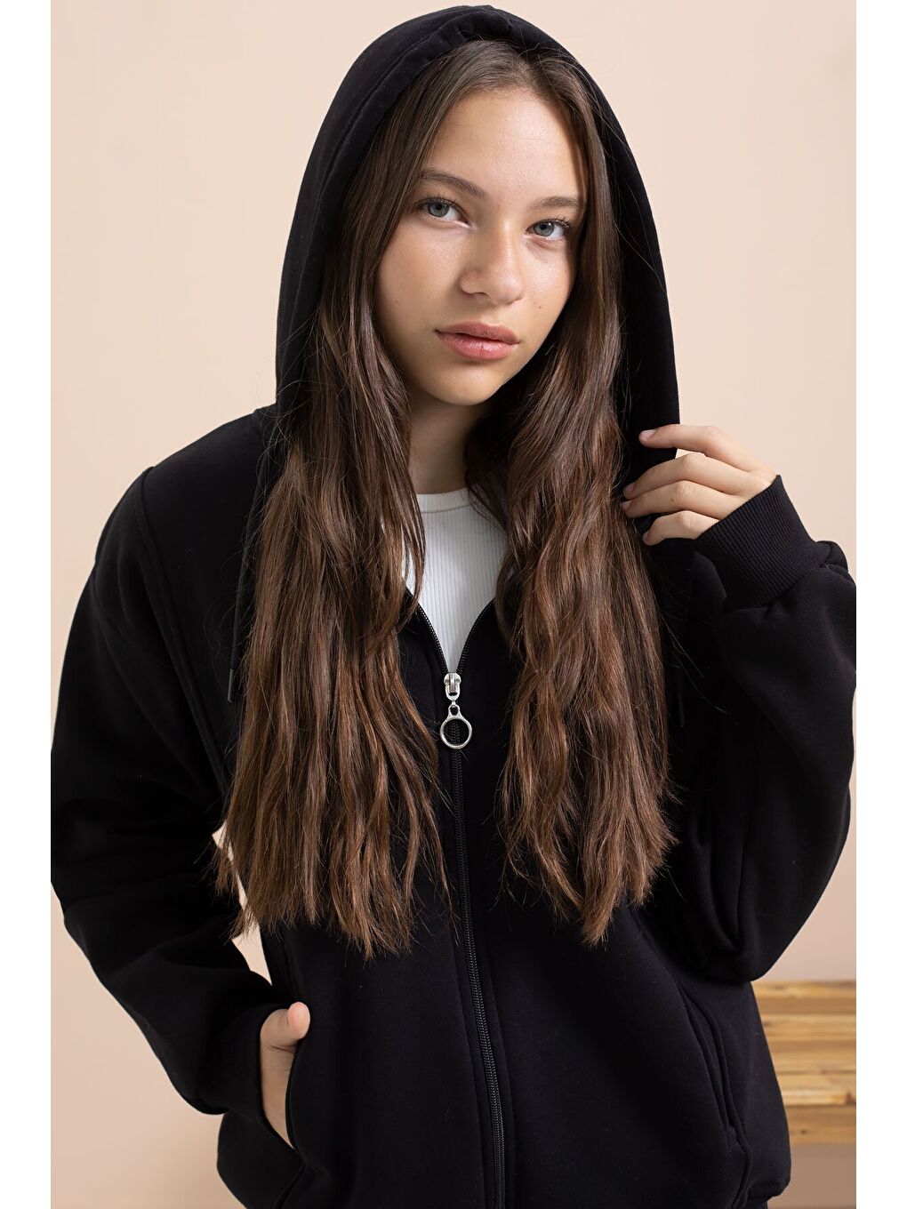 Siyah Kız Çocuk Şardonlu Kapüşonlu Hırka 21518-1