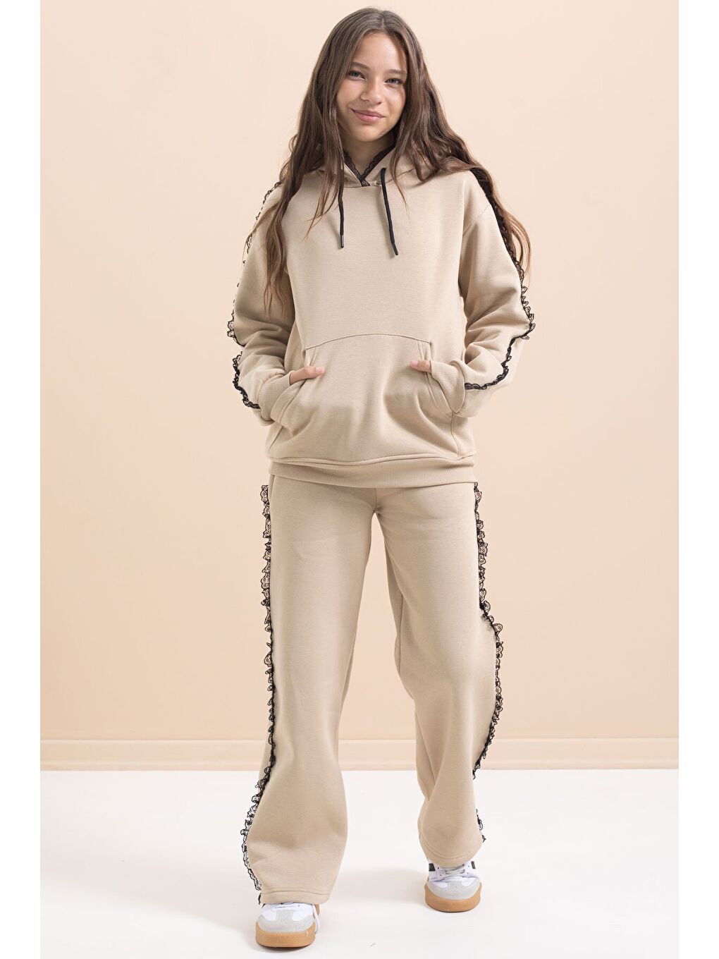 Bej Kız Çocuk Şardonlu Dantel Detaylı 3 İplik Takım 21506-2