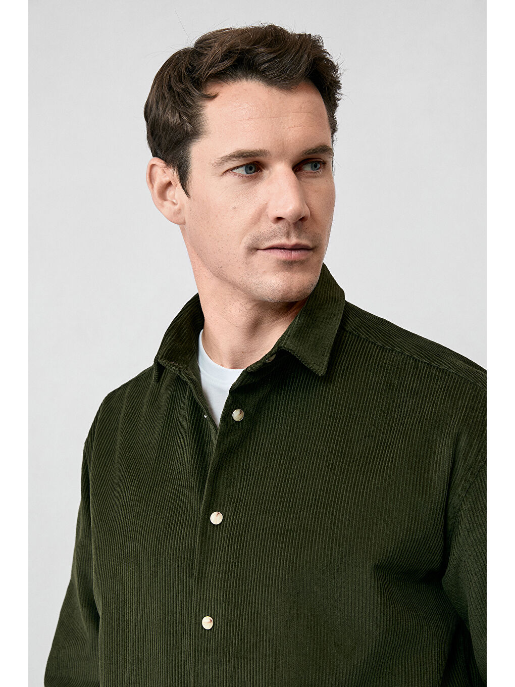 Haki Uzun Kol Oversize Ekstra Rahat Kesim Pamuk Spor Kadife Gömlek-4