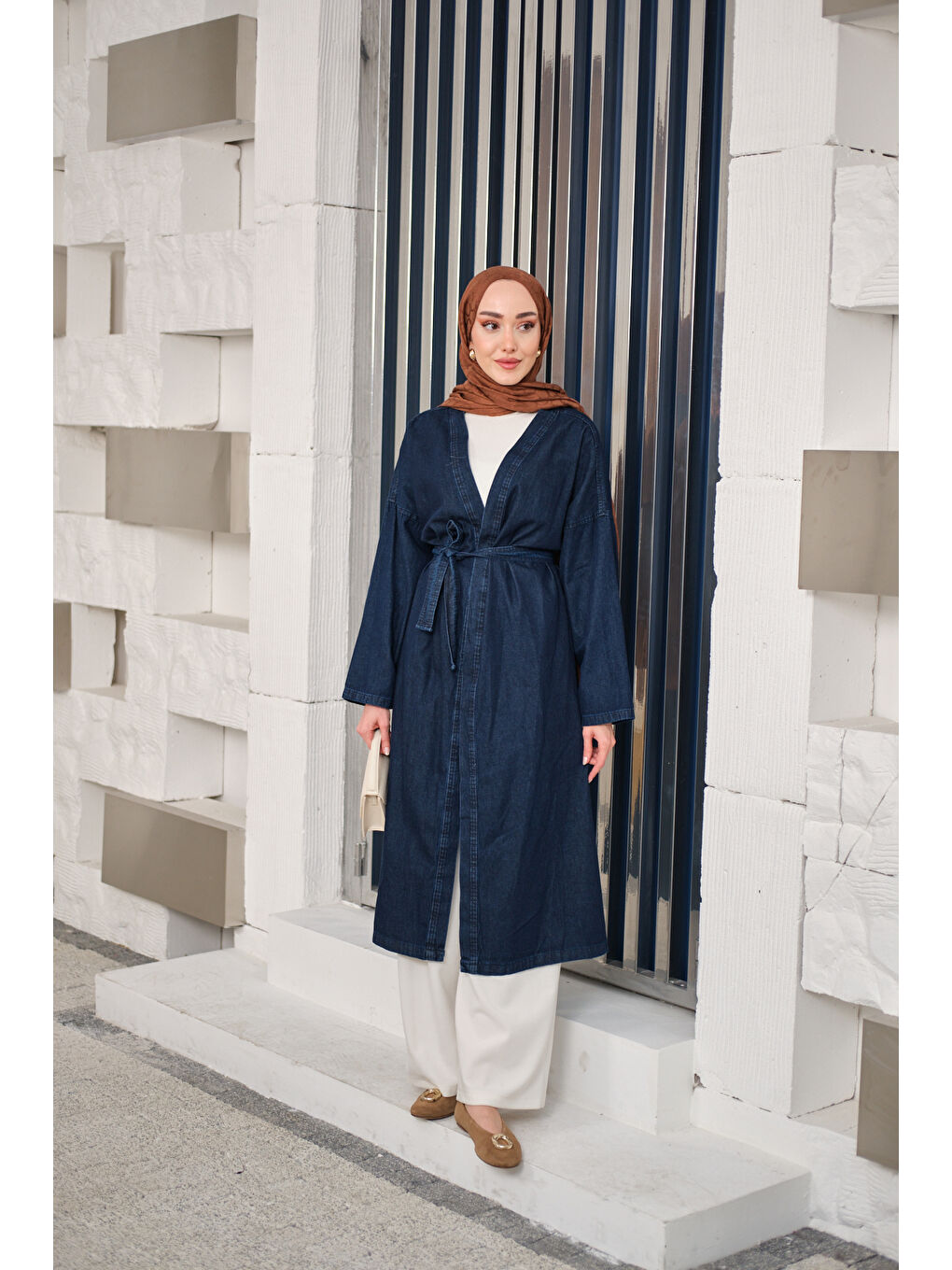 Kadın Bel Bağlamalı Midi Boy Jean Trenç Lacivert-2