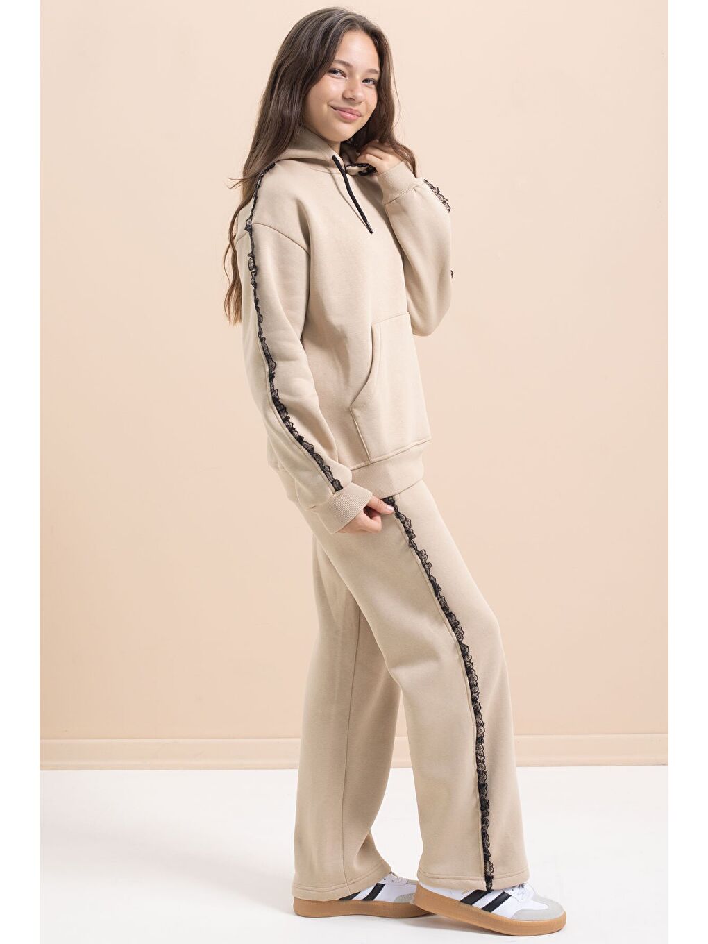 Bej Kız Çocuk Şardonlu Dantel Detaylı 3 İplik Takım 21506-3