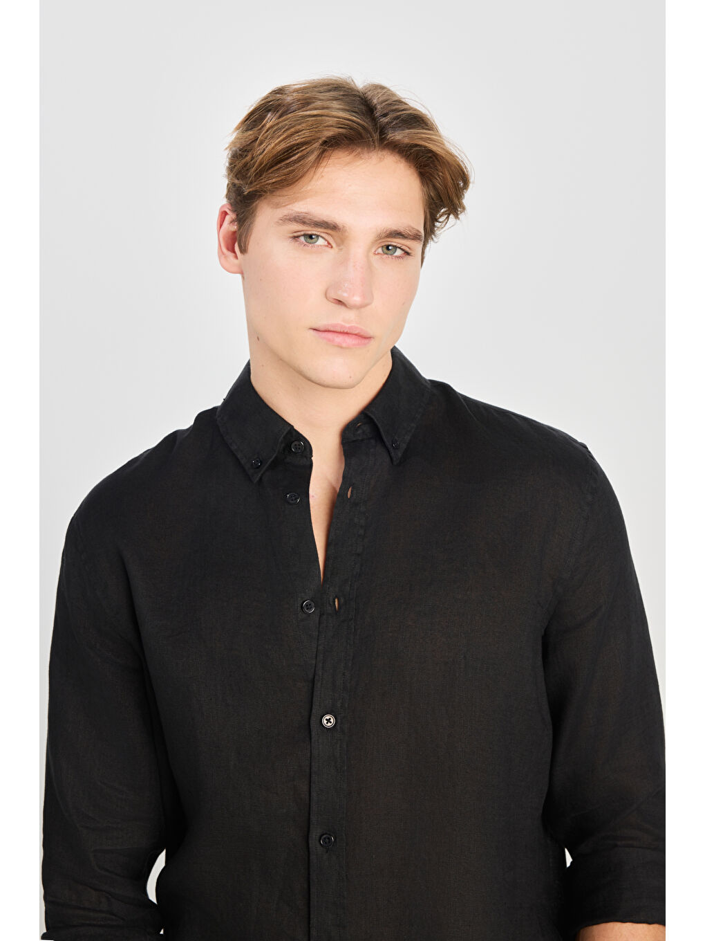 %100 Keten Regular Fit Normal Kesim Siyah Gömlek-3