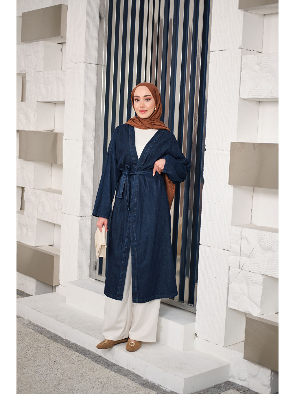 Kadın Bel Bağlamalı Midi Boy Jean Trenç Lacivert-3