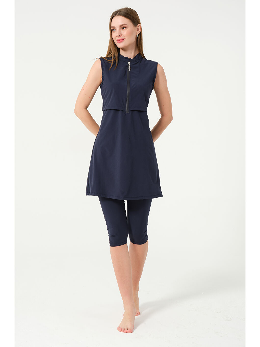 Lacivert Kadın Fermuarlı Kapalı Dik Yaka Sıfır Kol Kaprili Hızlı Kuruyan Mayo-1