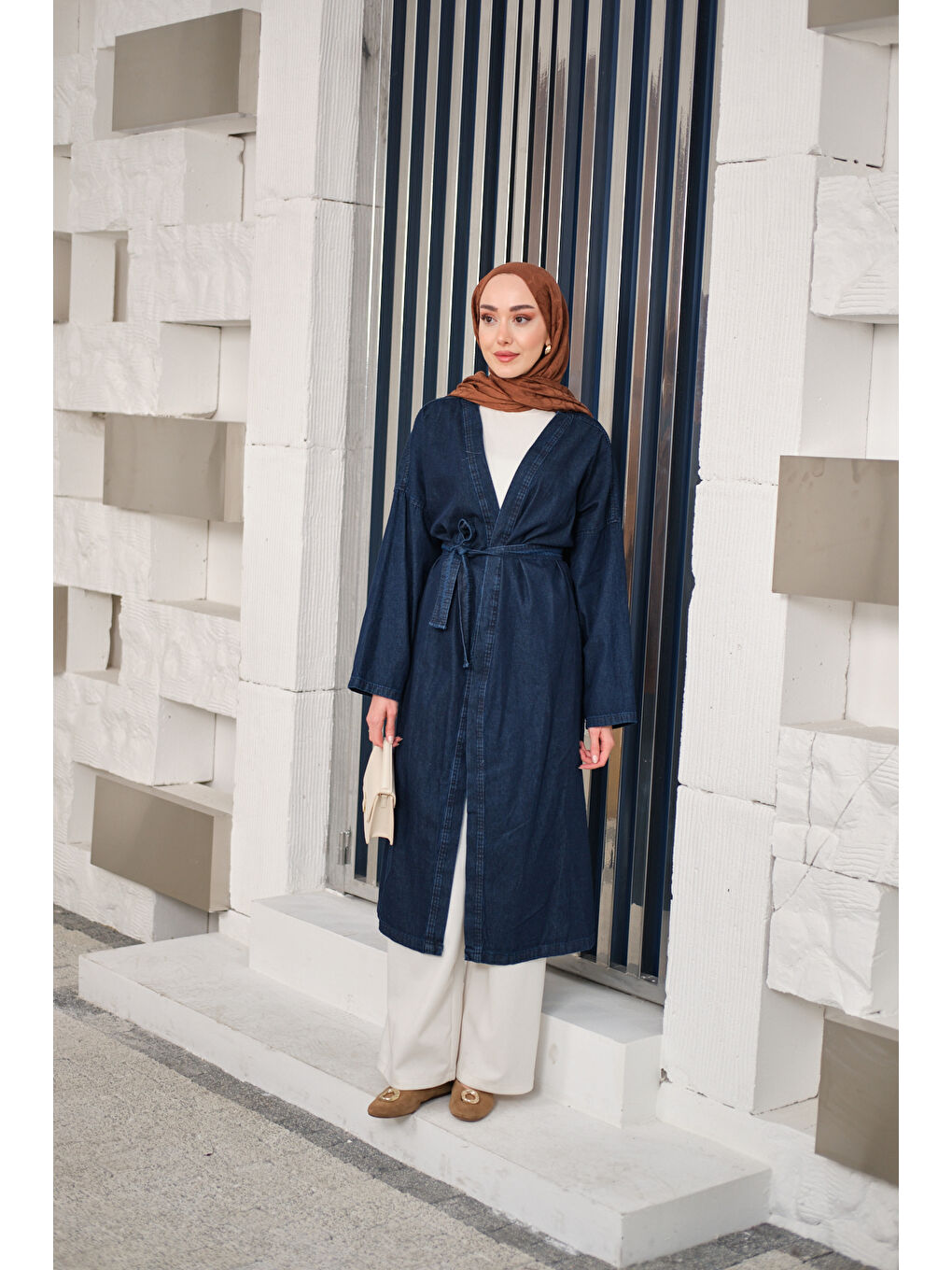 Kadın Bel Bağlamalı Midi Boy Jean Trenç Lacivert-4