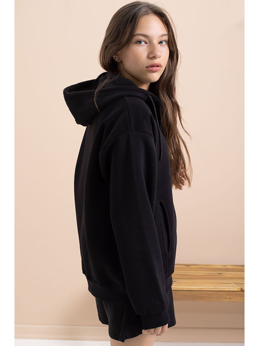 Siyah Kız Çocuk Şardonlu Kapüşonlu Hırka 21518-2