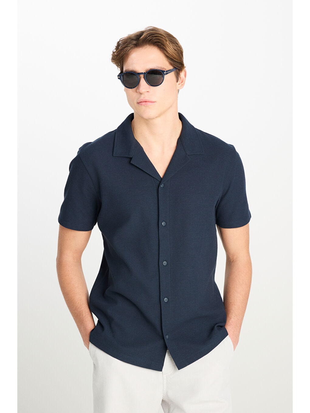 Relaxed Fit Geniş Kesim Lacivert Pamuklu Gömlek