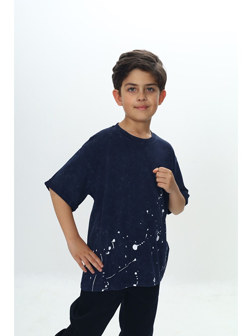 Lacivert Erkek Çocuk Yıkamalı Sıçratma Baskılı Tişört-1