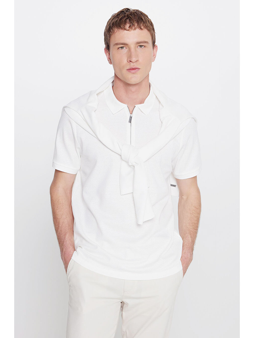 Erkek Ekru Pamuklu Slim Fit Dar Kesim Polo Yaka Jakarlı Esnek Tişört