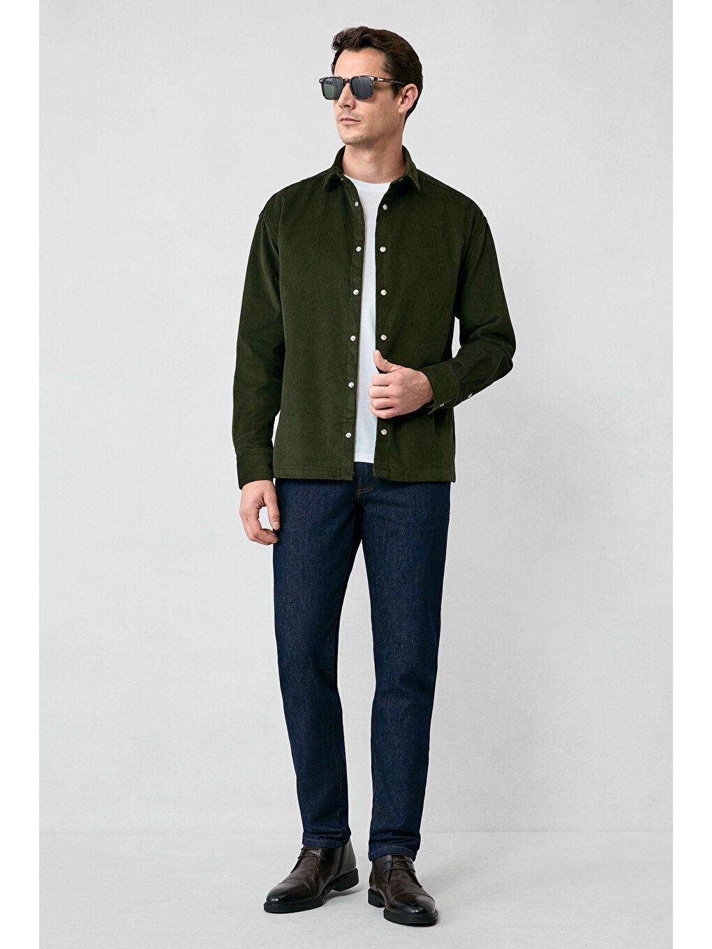 Haki Uzun Kol Oversize Ekstra Rahat Kesim Pamuk Spor Kadife Gömlek-6