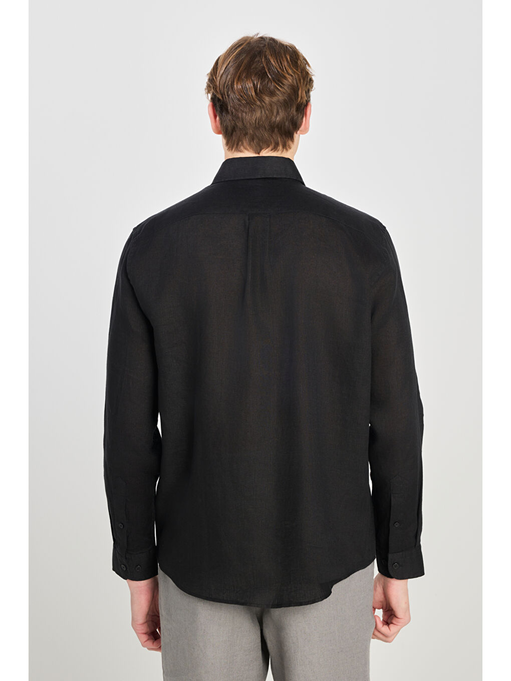 %100 Keten Regular Fit Normal Kesim Siyah Gömlek-4