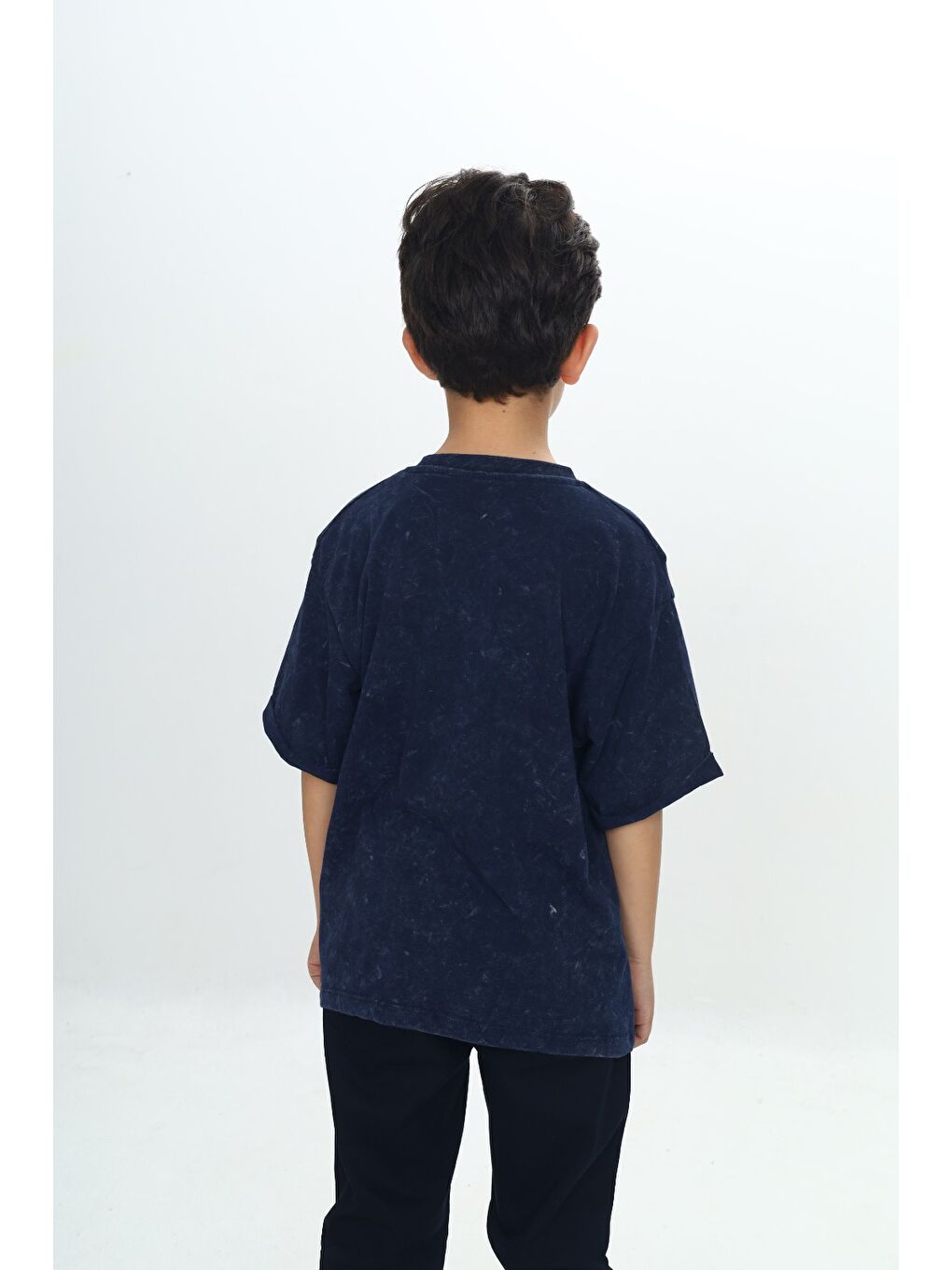 Lacivert Erkek Çocuk Yıkamalı Sıçratma Baskılı Tişört-2
