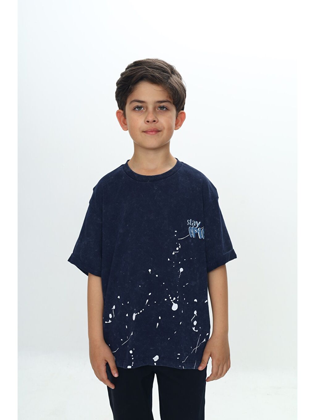 Lacivert Erkek Çocuk Yıkamalı Sıçratma Baskılı Tişört-3
