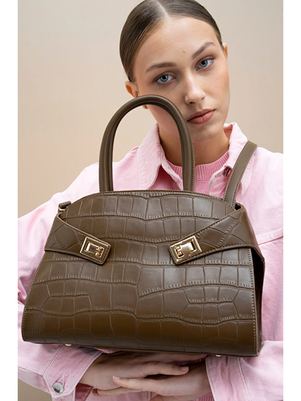Kahverengi Kroko Desenli Kadın El ve Omuz Çantası BYN2286