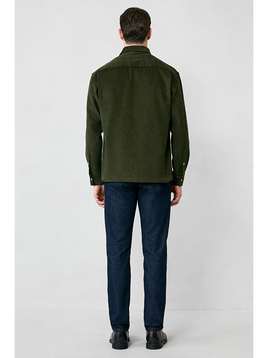 Haki Uzun Kol Oversize Ekstra Rahat Kesim Pamuk Spor Kadife Gömlek-7