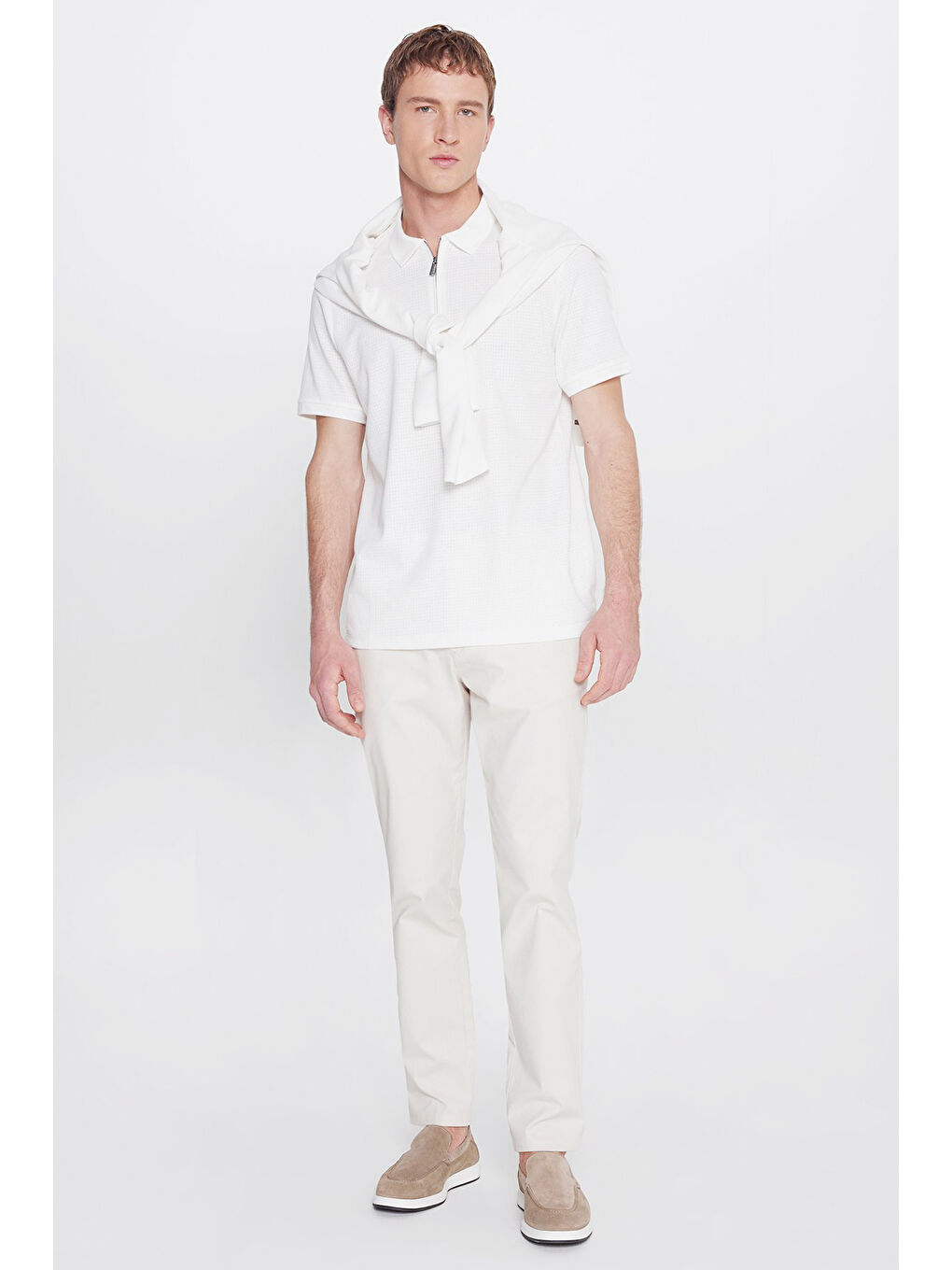 Erkek Ekru Pamuklu Slim Fit Dar Kesim Polo Yaka Jakarlı Esnek Tişört-2