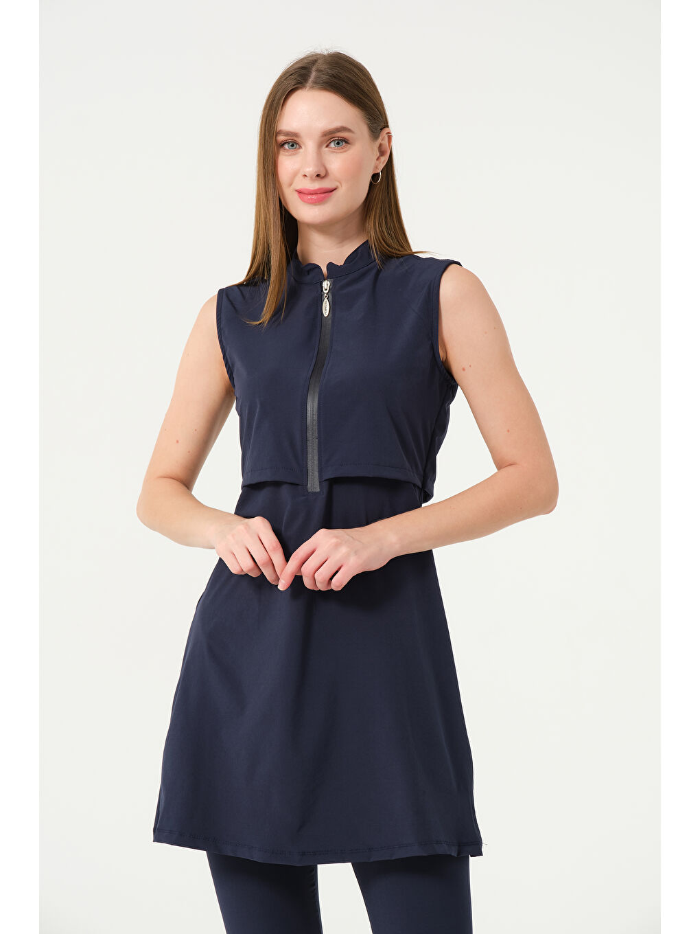 Lacivert Kadın Fermuarlı Kapalı Dik Yaka Sıfır Kol Kaprili Hızlı Kuruyan Mayo-2