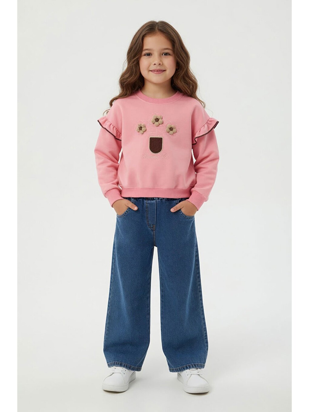 Pembe Çiçek Nakışlı Fırfırlı Badili Jean Pantolonlu Kız Çocuk Takım 24555
