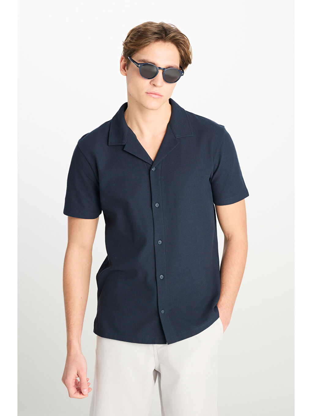 Relaxed Fit Geniş Kesim Lacivert Pamuklu Gömlek-1