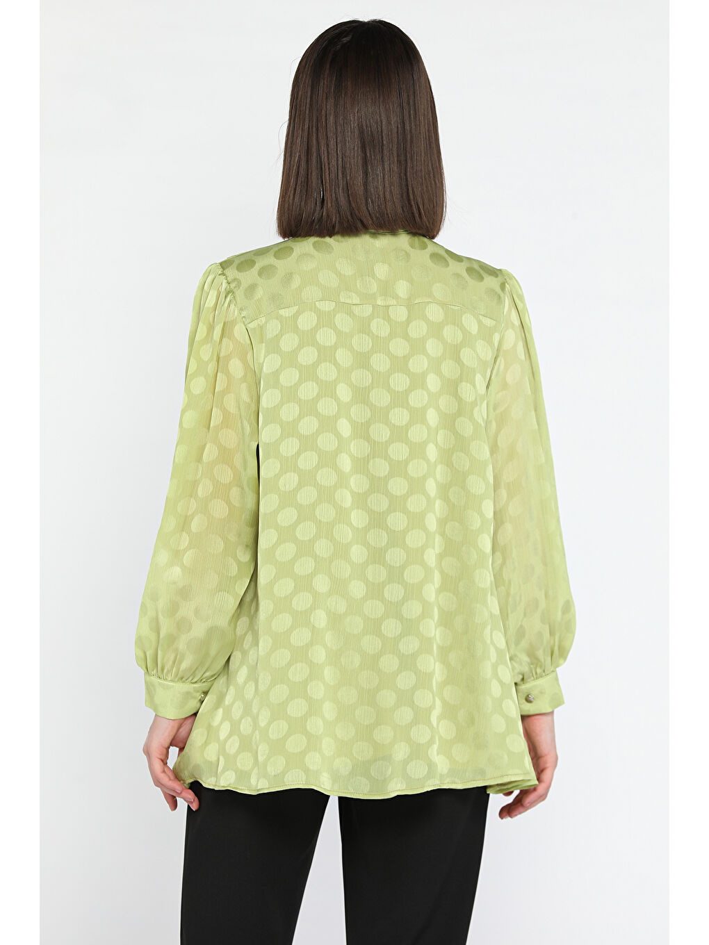 Yeşil Ön Pile Detaylı Kravat Yaka Puanlı Kadın Astarlı Bluz-2