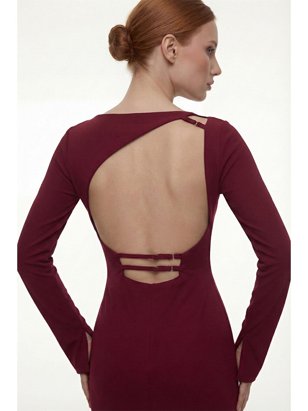 Kadın Bordo Sırt Detaylı Maxi Abiye Elbise-2