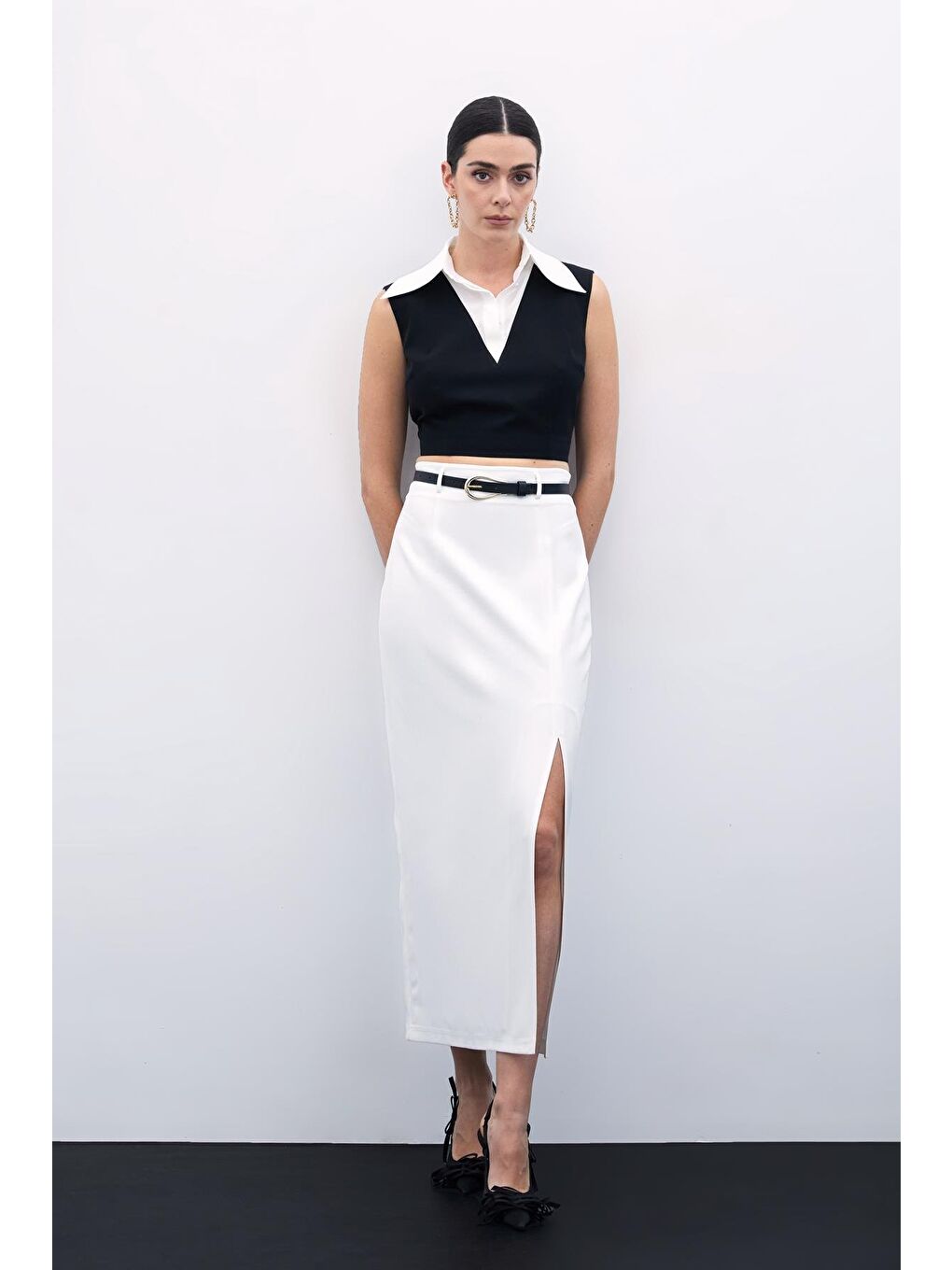 Yırtmaçlı Kemerli Uzun Etek - Ekru