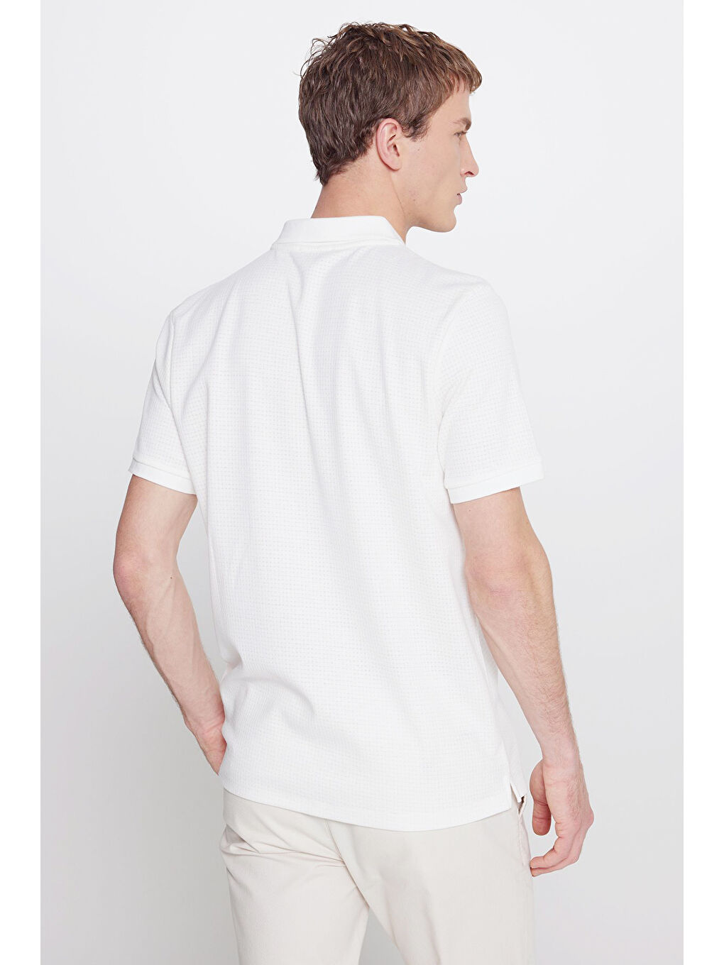 Erkek Ekru Pamuklu Slim Fit Dar Kesim Polo Yaka Jakarlı Esnek Tişört-4