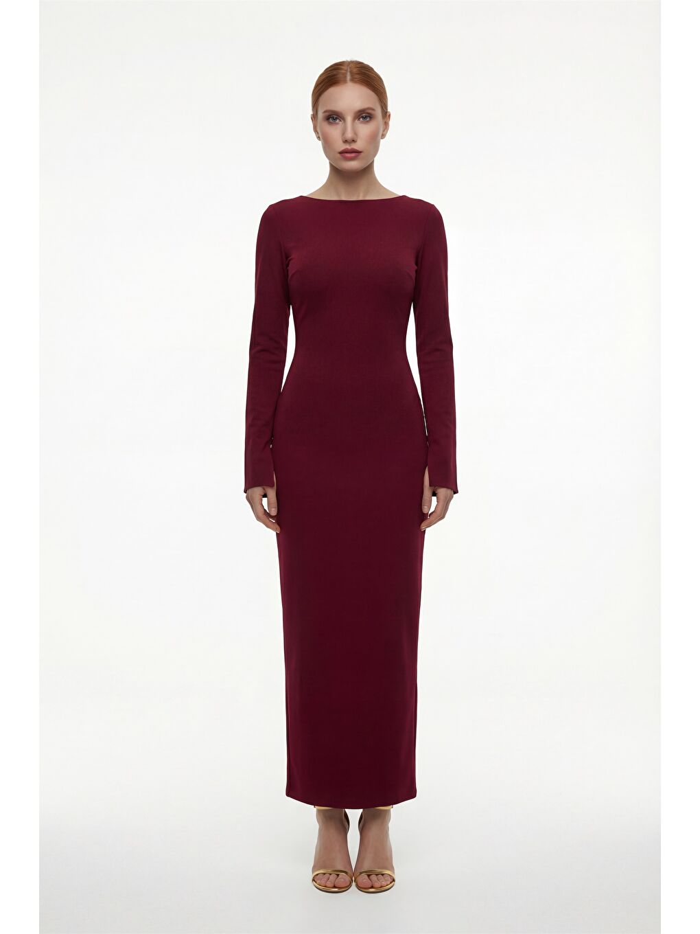Kadın Bordo Sırt Detaylı Maxi Abiye Elbise-3