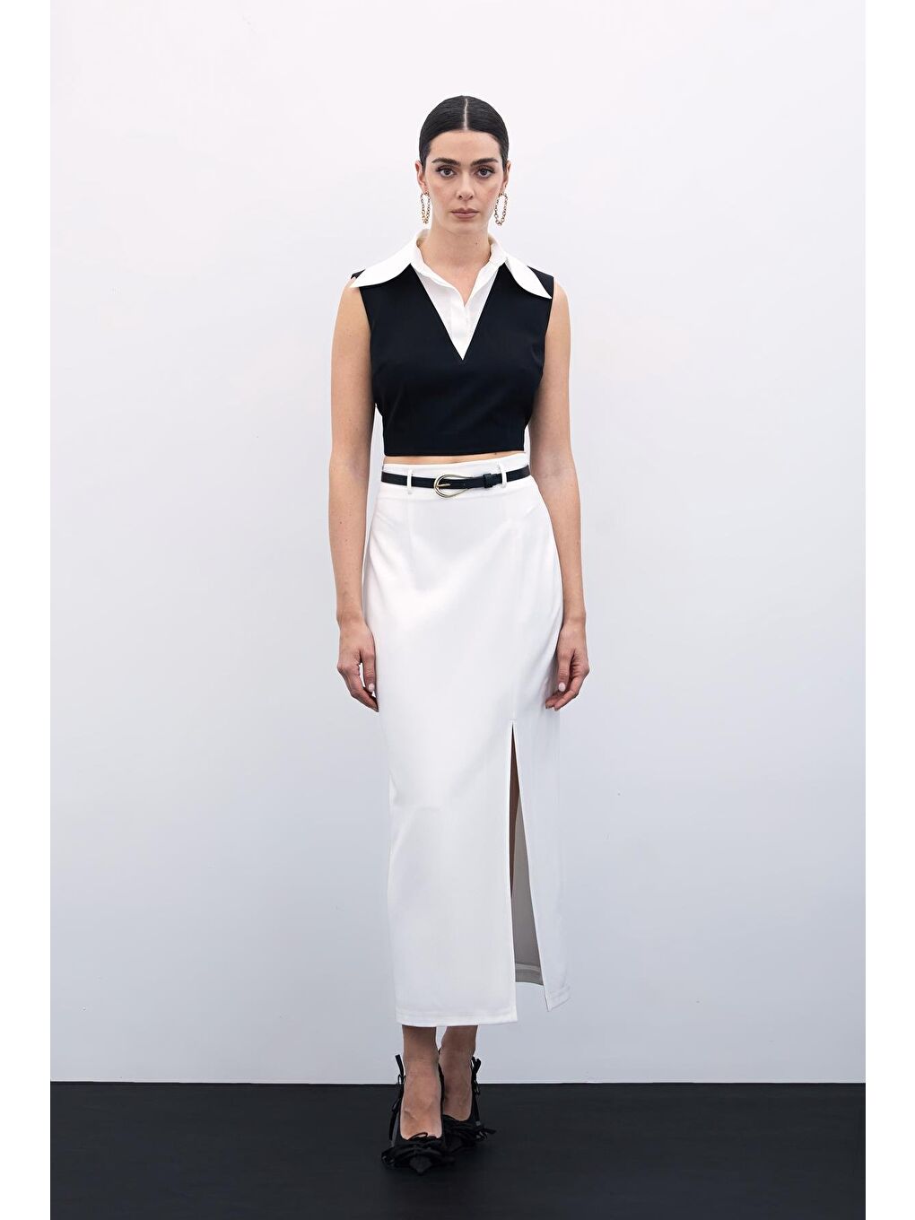 Yırtmaçlı Kemerli Uzun Etek - Ekru-2