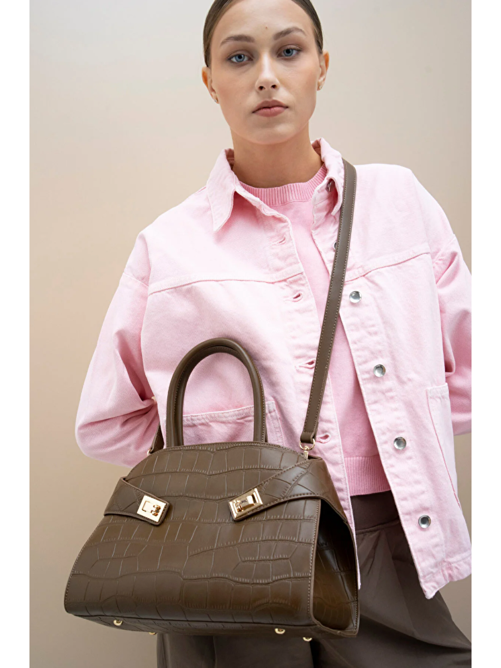 Kahverengi Kroko Desenli Kadın El ve Omuz Çantası BYN2286-1