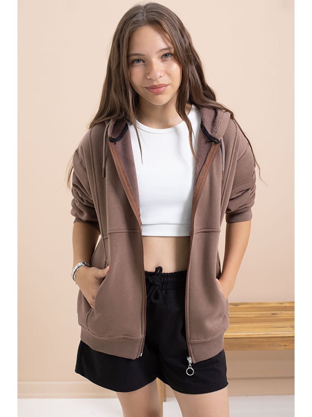 Kahverengi Kız Çocuk Şardonlu Kapüşonlu Hırka 21521-4