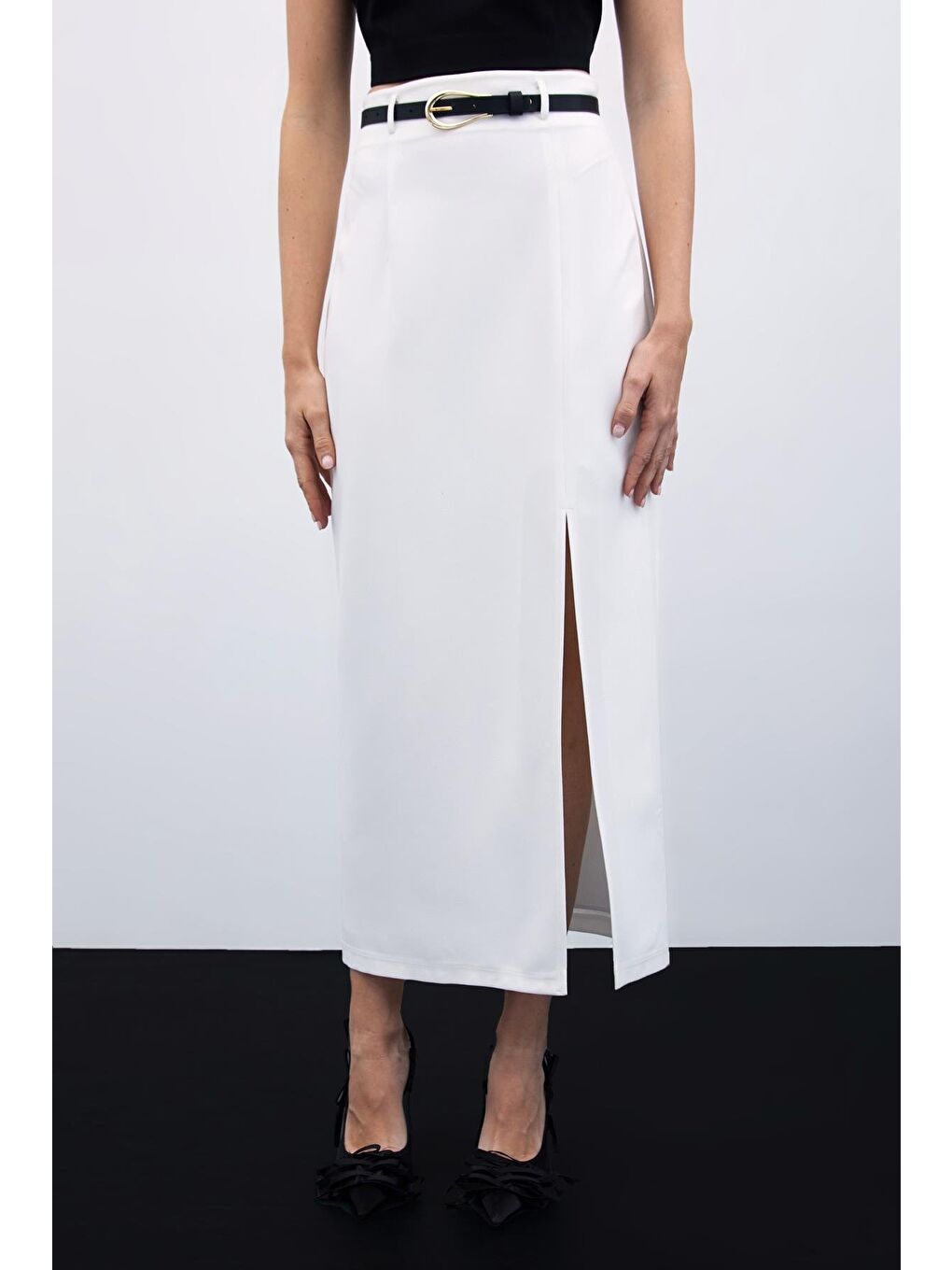 Yırtmaçlı Kemerli Uzun Etek - Ekru-3