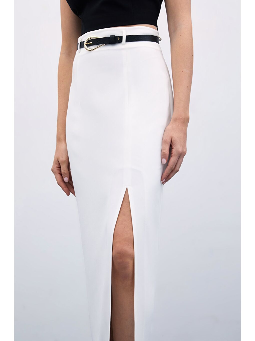 Yırtmaçlı Kemerli Uzun Etek - Ekru-4