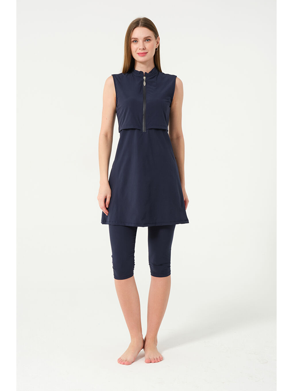 Lacivert Kadın Fermuarlı Kapalı Dik Yaka Sıfır Kol Kaprili Hızlı Kuruyan Mayo-3