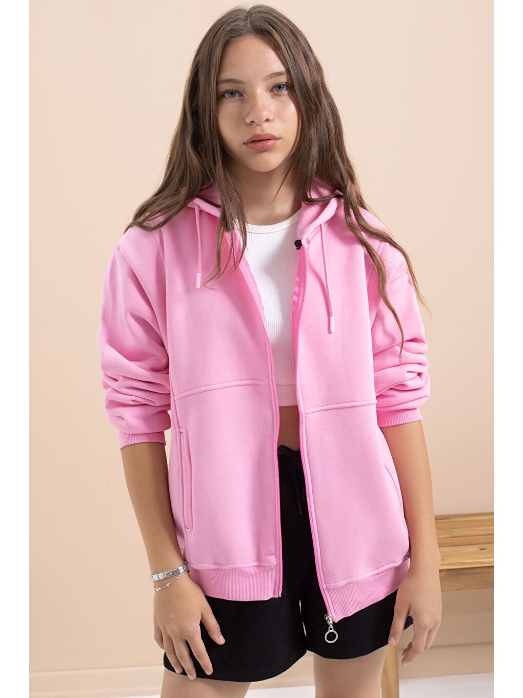 Pembe Kız Çocuk Şardonlu Kapüşonlu Hırka 21519-2