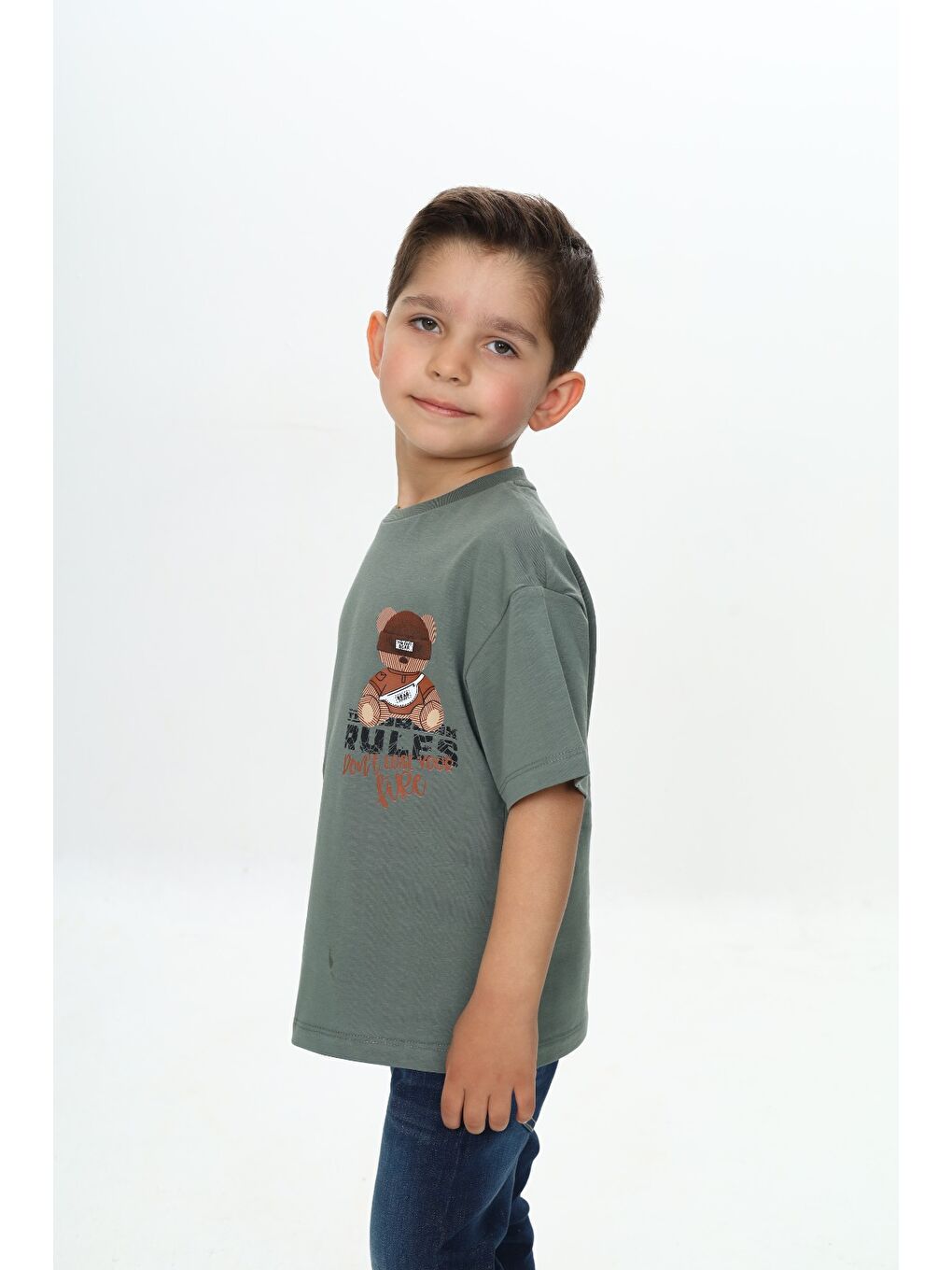 Gri Erkek Çocuk Rules Şapkalı Ayı Baskılı Tişört-1
