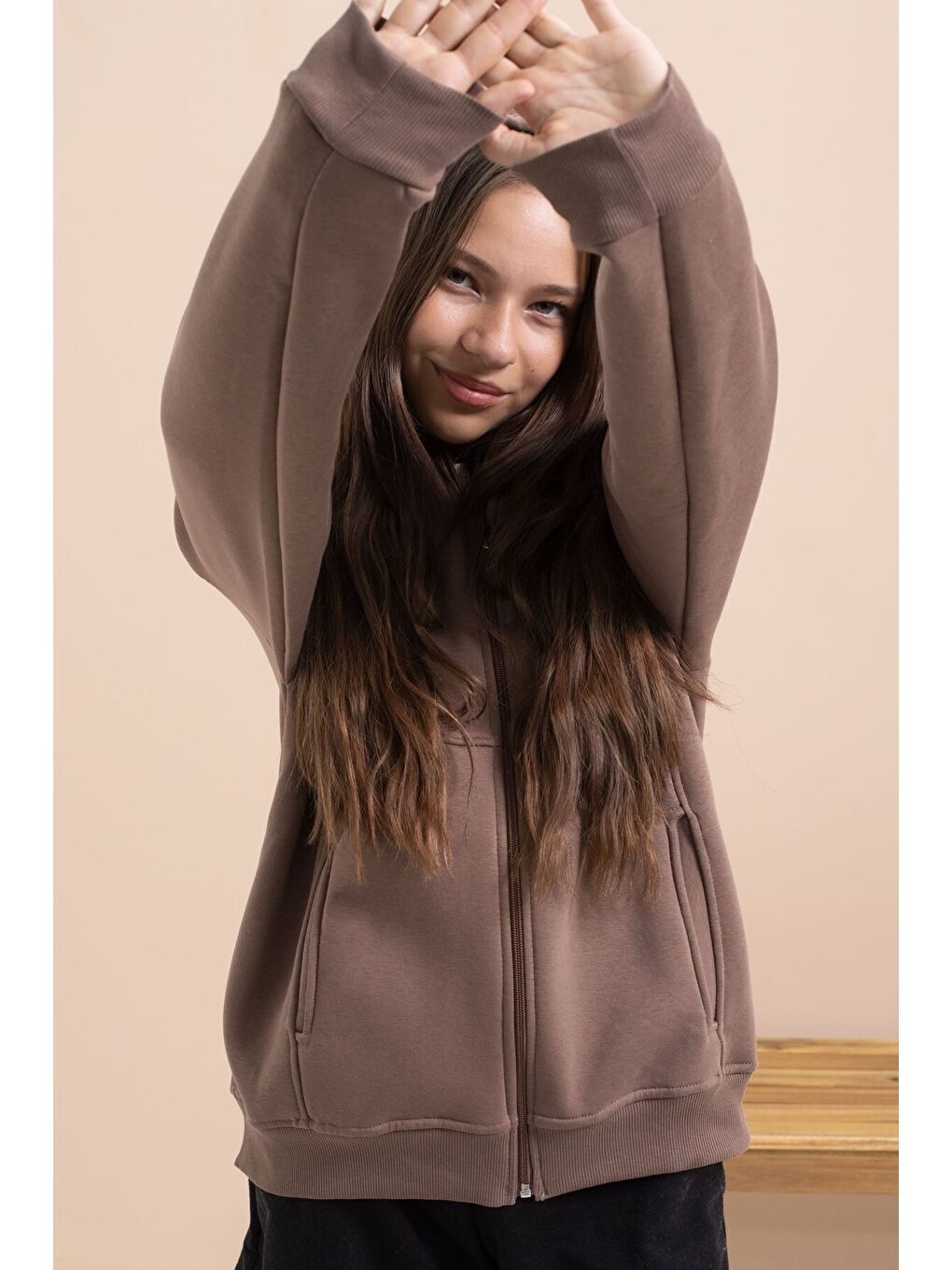 Kahverengi Kız Çocuk Şardonlu Kapüşonlu Hırka 21521-2