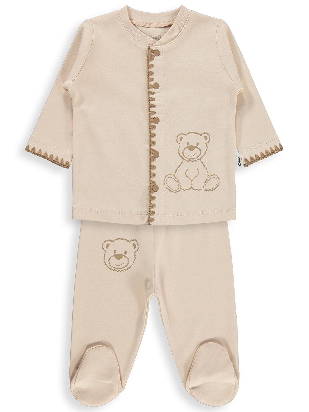 Bej Baby Oturan Tatlı Ayı Baskılı 1-9 Ay Pijama Takımı - Fil Dişi