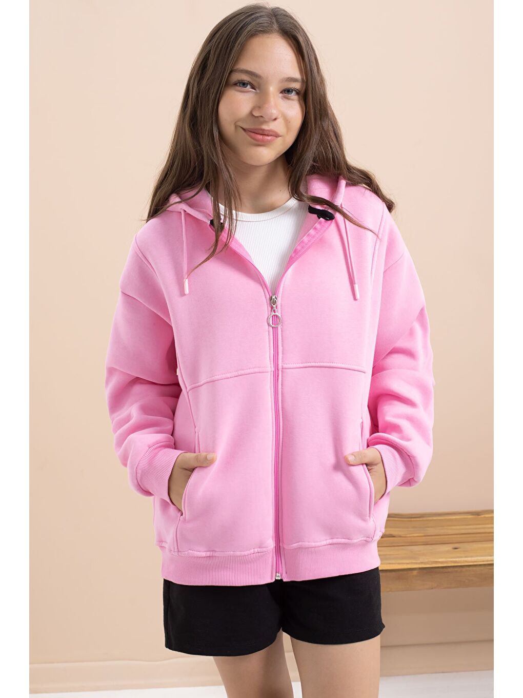 Pembe Kız Çocuk Şardonlu Kapüşonlu Hırka 21519-1