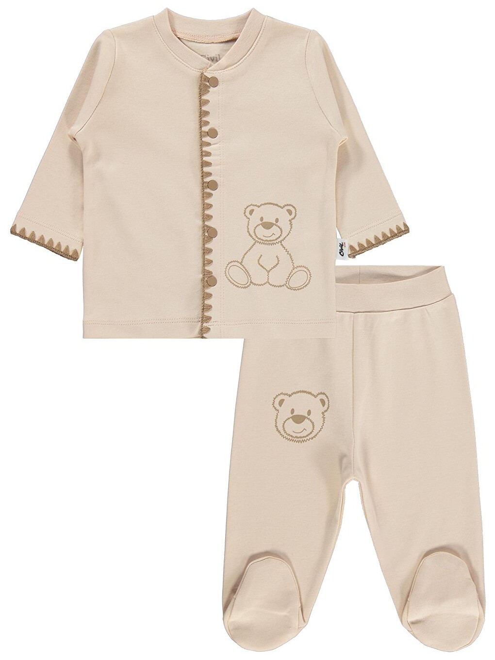 Bej Baby Oturan Tatlı Ayı Baskılı 1-9 Ay Pijama Takımı - Fil Dişi-3